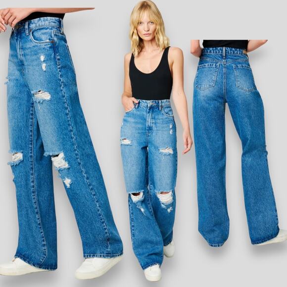 NWT BLANK NYC JEANS 33 THE FRANKLIN RIBCAGE WIDE LEG RIPPED BAGGY BLUE LIGHTS - Picture 2 of 12